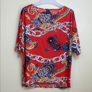 Clara Sunwoo | Red Chain Jewel Bat Sleeve Hi Low Round Neck Peep Cutout Top S